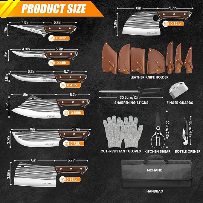 MDHAND 14PCS Professional Butcher Knife Set with Roll Bag, Hand Forged Serbian Chef Knife Set, Heavy Duty Meat Cleaver Knives, Boning Knife, Meat Cutting Knife for Kitchen, Gift for Men, BBQ, Camping