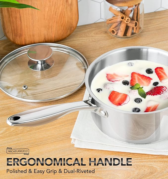 MICHELANGELO Stainless Steel Saucepan Set, 1QT & 3QT Saucepans with Lids, Nonstick Sauce Pan with Lid, Stainless Steel Pot Set 4 Pieces, Dishwasher Safe, Induction Compatible