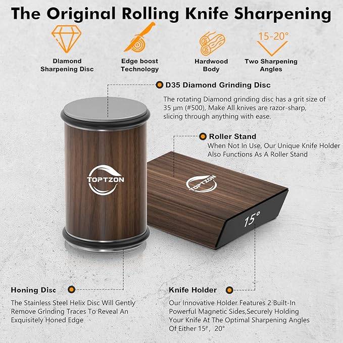 Toptzon Diamond Walnut Rolling Knife Sharpener – Roller Knife Sharpener Kit with 15 & 20 Degree Magnetic Angle Stand & Leather Strop Paddle Kit - Easy Sharpening for Kitchen Knife (Modern Walnut)