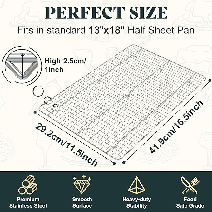 Cooling Racks for Cooking and Baking - 11.5"x16.5" Oven Safe Premium Stainless Steel Heavy Duty Baking Rack Tight-Wire, Fits Half Sheet Pan for Roasting & Grilling & Cooking - Set of 2