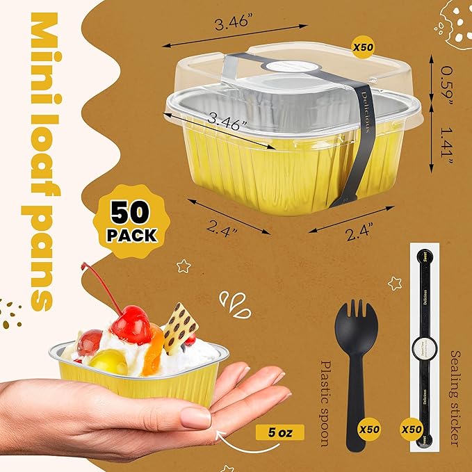 50 Pack Mini Cake Pans with Lids and Spoons Aluminum Foil Pans Square Cake Tins for Bakery Party Wedding (Gold,5 oz)
