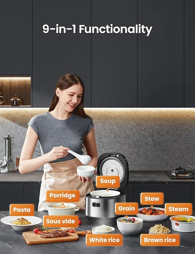 COMFEE' Compact Rice Cooker 8 Cups Cooked/4 Cups Uncooked, 9-in-1 Multi Cooker, Fast Rice Maker, Steam, Brown Rice, Grains, Fuzzy Logic Technology, Grey