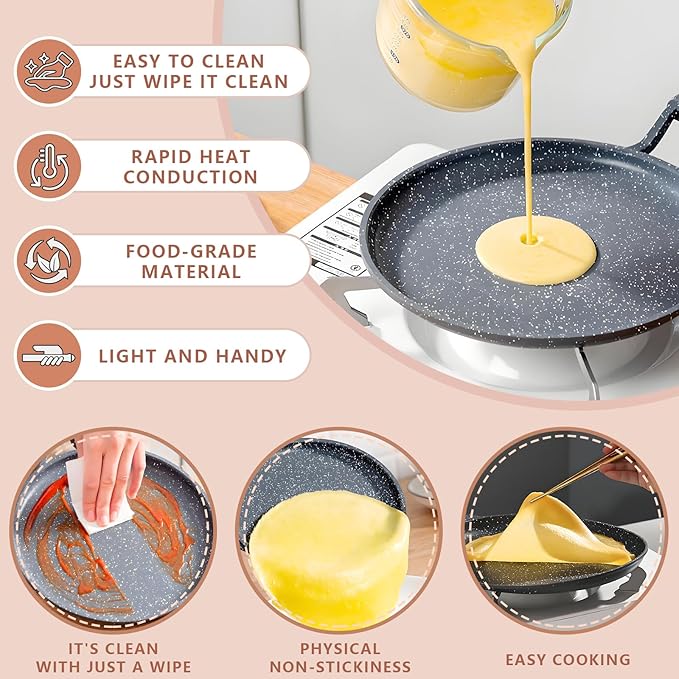 Nonstick Crepe Pan, 11Inch Granite Coating Dosa Pan Pancake Flat Skillet Tawa Griddle, 4 Pcs Kitchen Pancake Grill Pans Set, Fry Pans for All Stoves (11 Inch)