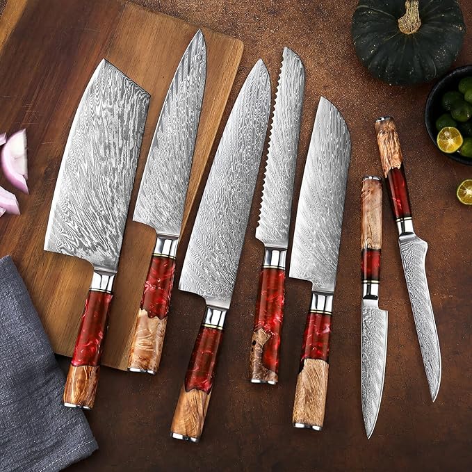 SENKEN 7-Piece Damascus Kitchen Knife Set - Tsunami Collection - 67-Layer Japanese VG10 Steel - Chef's Knife, Cleaver, Santoku, Bread, Boning, & More (Red Resin Blend)