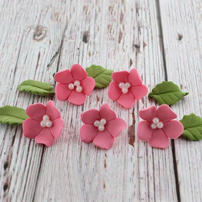 Global Sugar Art Blossoms and Leaves Edible Sugar Cake & Cupcake Flowers, Pink, Small Unwired, 24 Count with Leaves by Chef Alan Tetreault