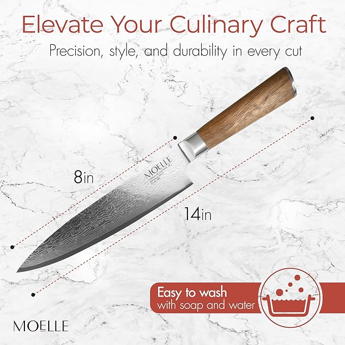 MOELLE Premium Teak Wood Chef Knife 8" - VG10 Damascus Steel 67 Layers, 60+ HRC - Japanese Damascus - Danish Design Kitchen Knife with Elegant Gift Packaging