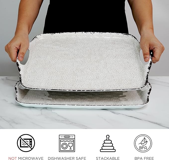 TP Serving Trays with Handles, 17 x 12 Inch Melamine Serving Platters for Food, Meat, Set of 2 Rectangular Trays for Eating, Rustic White