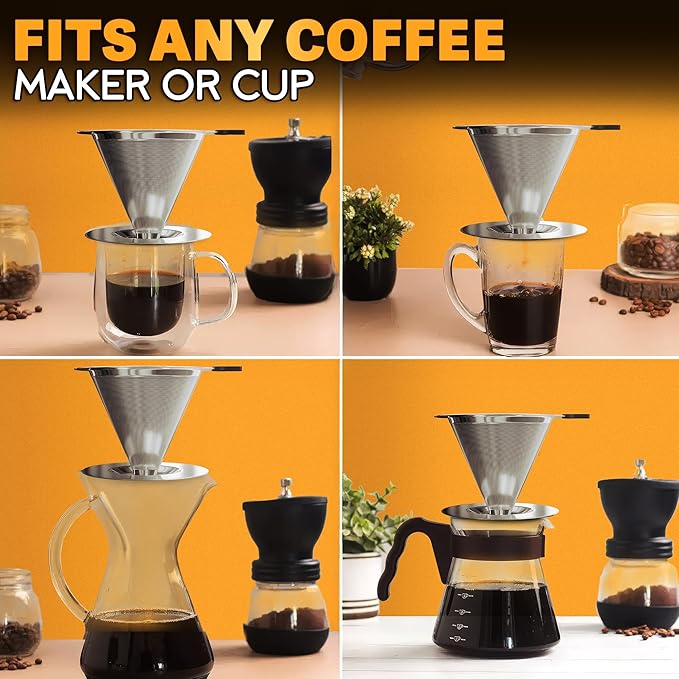 Stainless Steel Pour Over Coffee Maker With Cleaning Brush & Non-Slip Silicone Handle - 2 Cups Capacity Stainless Steel Coffee Pour Over Dripper With Secure Wide Base, Clean Flavor Paperless