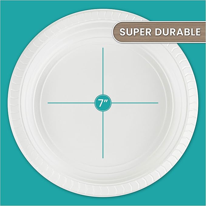 PLASTICPRO 7'' inch Round Plastic Plates Microwaveable, Disposable, White, Dinnerware 400 Count