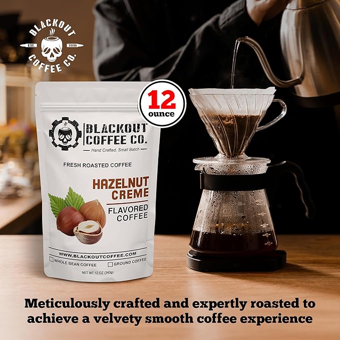 Blackout Coffee Hazelnut Creme Flavored Ground Coffee – Medium Roast, Smooth Taste, Guilt-Free Indulgence – Freshly Roasted 12oz Bag, American Made