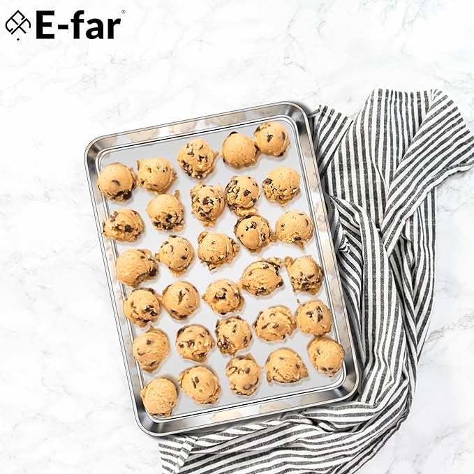 E-far Cookie Sheets Set of 4, 18”x13” Stainless Steel Baking Sheet Pans for Oven, Large Non Toxic Metal Baking Tray for Baking Roasting, Healthy & Rust Free, Mirror Finish & Dishwasher Safe