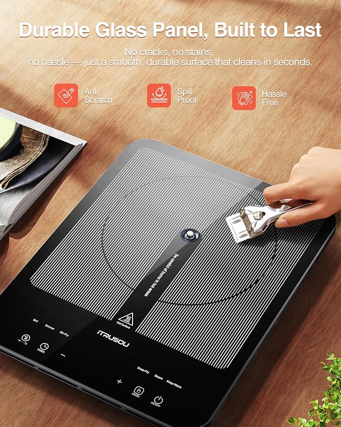 Portable Induction Cooktop, 1°C Precision Control, Dual Temp Display, 1L Boils in 4 Mins, Ultra-Slim 26mm Burner, 6 Cooking Modes, 3-Hour Timer, Glass Surface, for Magnetic Cookware Only