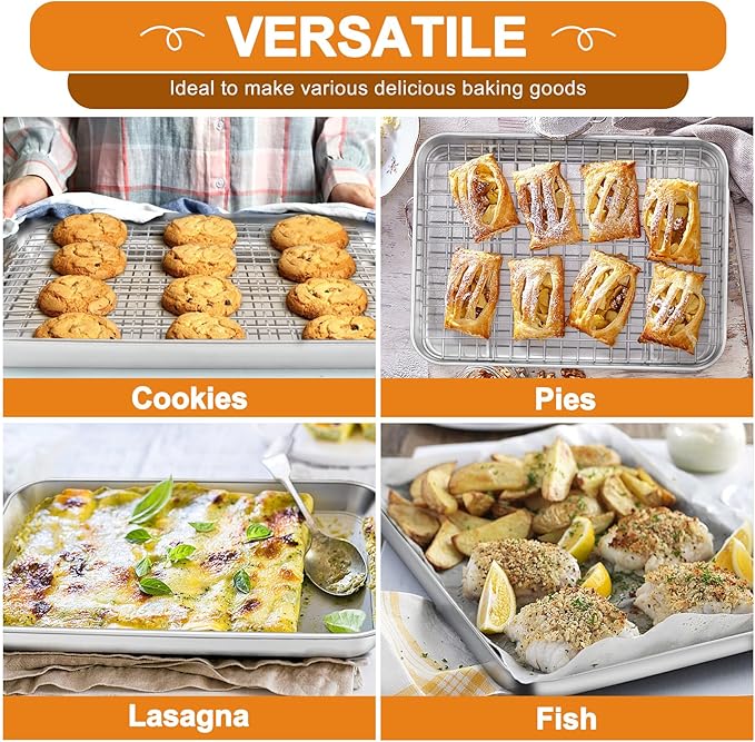 TeamFar Stainless Steel Baking Sheet with Rack Set, 16/12.5/10.5 Inch Cookie Sheets Baking Pans and Cooling Racks for Cooking Serving, Non-Toxic & Heavy Duty, Dishwasher Safe, 6 PCS (3 Pans + 3 Racks)