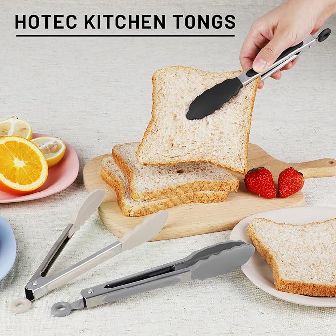 Hotec Mini Silicone Kitchen Tongs for Cooking - 7-Inch Small Serving Tongs with Silicone Tips, Set of 3 (Black,Grey,Khaki)