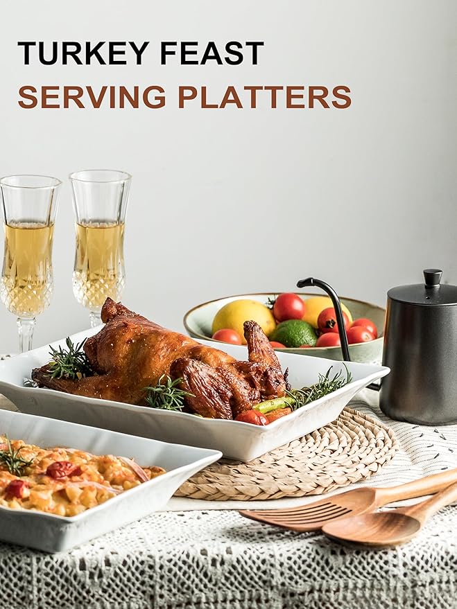 YHOSSEUN Turkey Platters for entertaining Serving Bowls Set of 2, Ceramic Serving Dishes for Thanksgiving, White Serving Platter for Turkey, Rectangular Baking Dishes and Roasting Pan