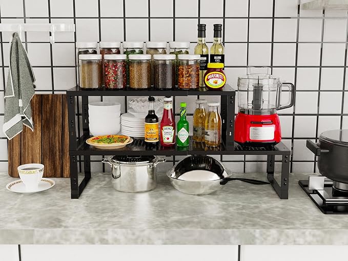 Adjustable Expanable Stackable Spice Rack Shelf Pantry Storage Organizer for Kitchen Cabinet,Countertop,Bathroom and More.Space is no Longer Limited(1Pack/Black/Large)