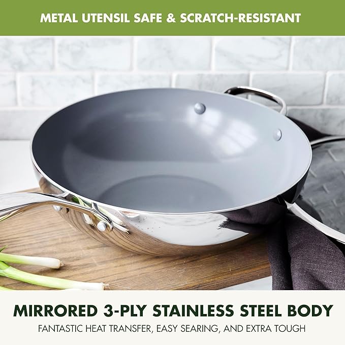 GreenPan Valencia Pro Tri-Ply Stainless Steel 12” Wok with Lid, Ceramic Nonstick PFAS-Free Coating, Multi Clad Cookware, Induction, Dishwasher Safe, Oven and Broiler Safe
