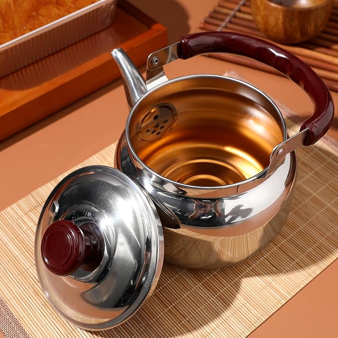 LIFKOME Traditional Stainless Steel Heavy Duty Tea Kettle With Sandwich Bottom and Specialty Cool Touch Handling Mirror Finish Stainless Steel Whistling Tea Kettle Stove Top