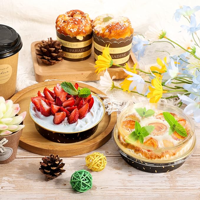 Beasea Mini Aluminum Pie Pans with Lids, 100 Pack 4” 8oz Black Gold Baking Pie Foil Tins Small Round Tart Cups Containers for Individual Cupcake Muffin Cheesecake Dessert Ramekins Quiche Oven Dishes