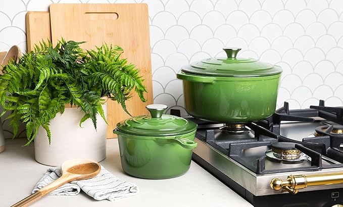 Larder & Vine 5-Piece Enameled Cast Iron Cookware Set - Includes 5.7 Quart Dutch Oven with Lid, 10.25 Inch Skillet, 2.2 Quart Saucepan with Lid (Okra)