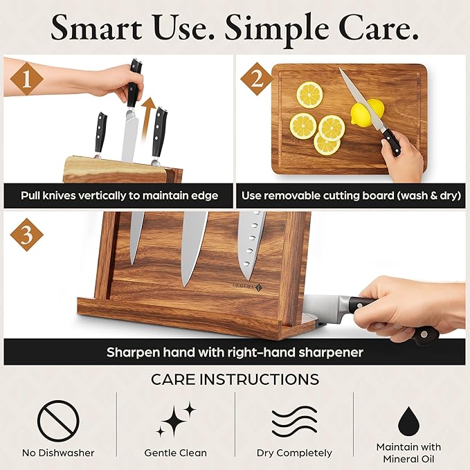 3 in 1 Magnetic Knife Block Stand - Wooden Magnetic Knife Holder with Strong Magnets, 14"x10" Cutting Board, Knife Sharpener - Acacia Display Holder Double Sided Storage Rack Magnets for Knives