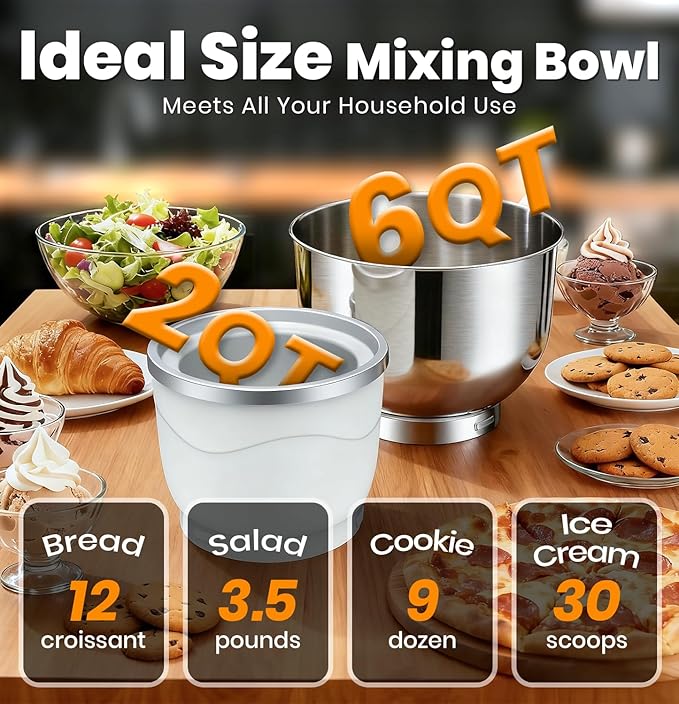 Stand Mixer Set, 6QT Kitchen Mixer with LED Touchscreen, 11-Speed Tilt-Head Mixer with Timer, 4 Preset Menus, Stainless Steel Bowl, Hook, Whisk, Beater,Plus 2QT Ice Cream Maker Attachment,Black