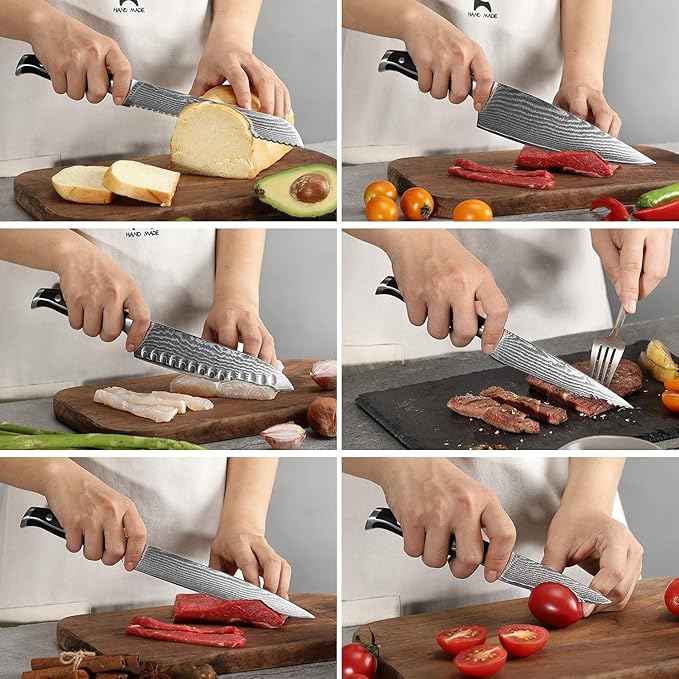 Damascus Knife Set with Block – 9-Piece VG10 67-Layer High Carbon Steel Kitchen Knives, Triple-Riveted Pakkawood Handles, Chef, Santoku, Utility, Bread & Paring Knives, Sharpener & Shears
