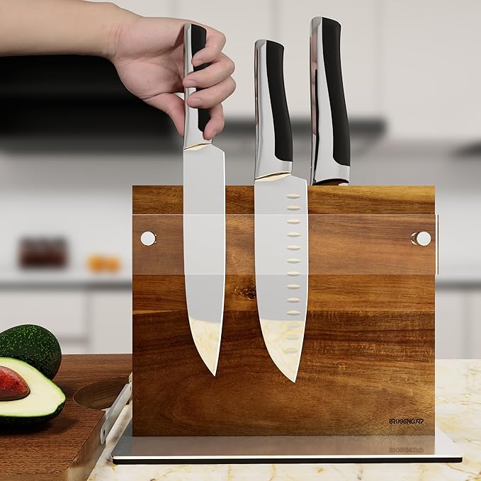 Acacia Wood Magnetic Knife Block Stand with Thickened Acrylic Shield - Double-Sided Powerful Magnet Holder for 10+ Knives, Anti-Slip Base & Space-Saving Design