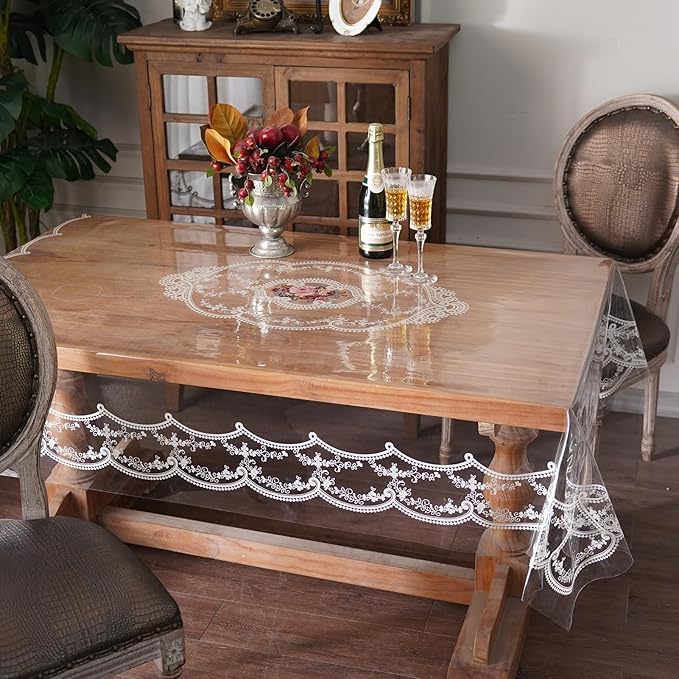 Clear Table Cover Protector Plastic Vinyl Table Cloth with White Lace Pattern Oil Spill Proof Plastic Tablecloths for Dining Tables Parties Holidays (French Lace, 52 x 70 Inches)