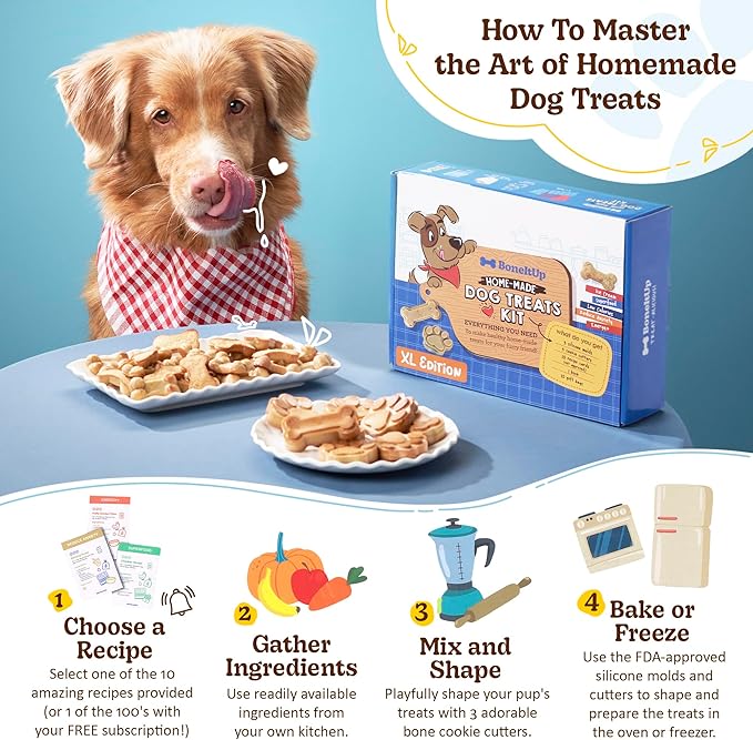 BoneItUp Dog Treat Making Kit – All-in-One DIY Cookie Set with Reusable 3 Silicone Dog Treat Molds, 3 Cutters, 10 Recipes & Gift Bags – Make Healthy Homemade Treats for Dogs, XL Kit for Big Dogs