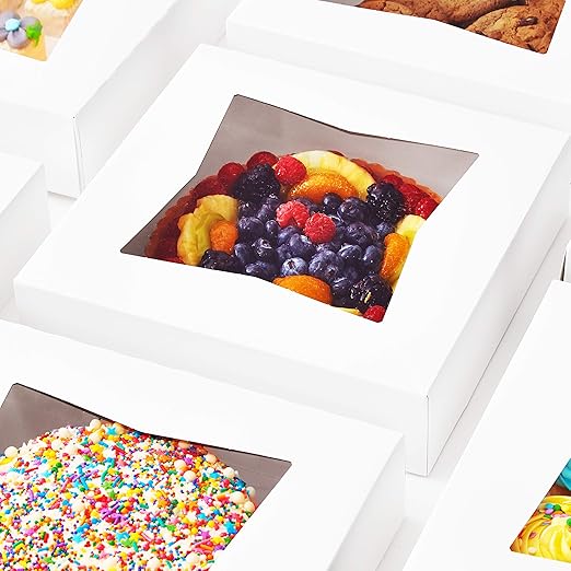 Gourmet 10in White Bakery Boxes 25 Pk. Cute Window Displays for Pies, Cakes, Cupcakes, Pastries. Transport Baked Goods w/Sturdy, Easy-to Use Carriers. Give Sweet Holiday Gifts at Work, School