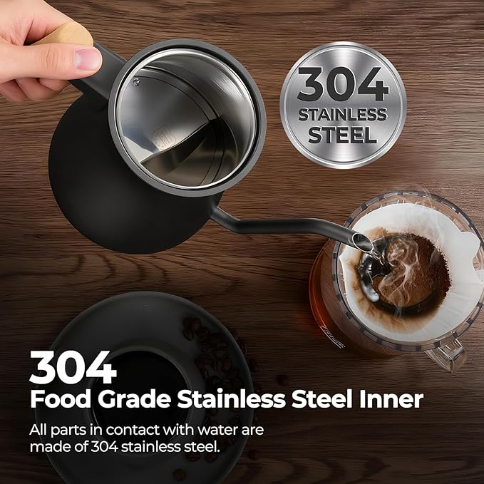 Narcissus P9 Gooseneck Electric Kettle with ±1℉ Temperature Control Function, 1200 Watt Rapid Boiling in 4 Mins, Max 6 Hours Keeping Warm, 304 Stainless Steel Interior - BPA Free, Black