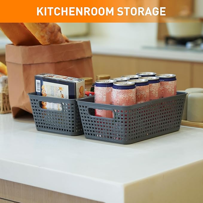 Plastic Storage Baskets With Lid, Storage Bins for Organizing, Stackable Decorative Containers for Shelves Drawers Desktop Closet Playroom Classroom Office, 8 Pack-Grey