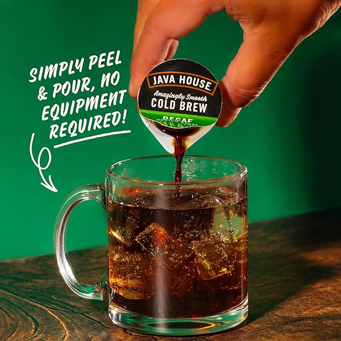 Java House Single-Serve Cold Brew Coffee Pods – Premium 100% Arabica Liquid Concentrate – Smooth & Bold Decaf Roast – 12 Pods – Ready Hot or Iced, Travel-Friendly, TSA Approved