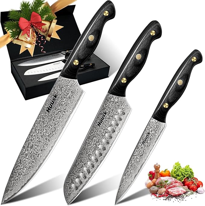 Huusk Damascus Chef Knife Set - 3 PCS VG10 Santoku & Utility Knives with Ebony Handles, Paring Knife for Meat, Fruit, Vegetables - Dad Mom Gift