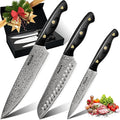 Huusk Damascus Chef Knife Set - 3 PCS VG10 Santoku & Utility Knives with Ebony Handles, Paring Knife for Meat, Fruit, Vegetables - Dad Mom Gift