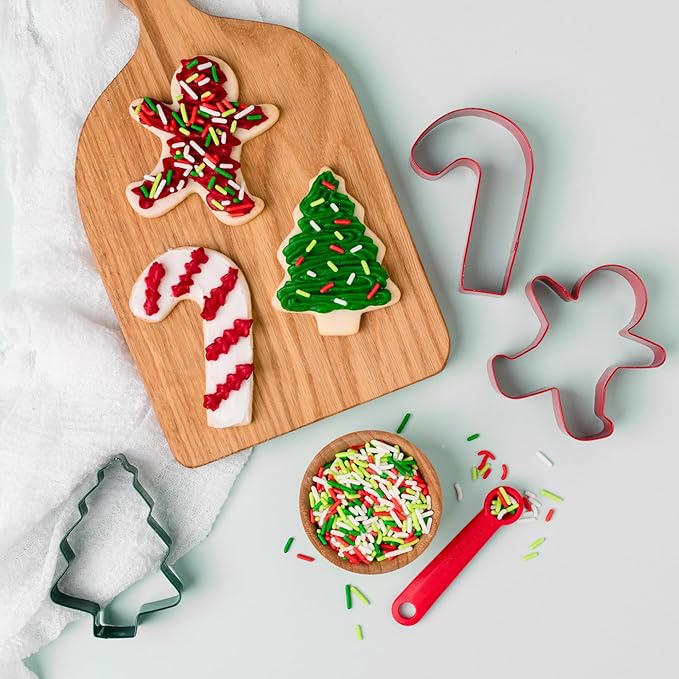 Sweets Indeed Holiday Cookie Cutter & Sprinkle Set – 4-Pack | Gingerbread, Snowflake, Candy Cane & Tree Cookie Cutters with 1.5 oz Christmas Sprinkle Mix | Holiday Baking Kit