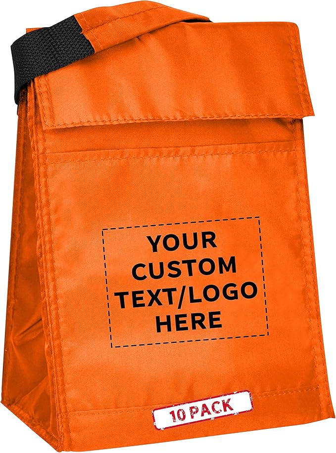 DISCOUNT PROMOS 10 Hook and Loop Insulated Lunch Bags Set - Customizable Text, Logo - Polyester, Durable, Vibrant, Reusable - Orange