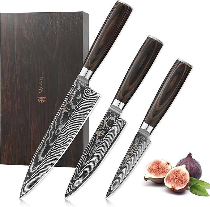 Wakoli ESE 3-Piece Damascus Knife Set – Professional Chef’s Knives | 67-Layer VG10 Core Steel | Ergonomic Pakkawood Handles | Premium Kitchen Knives in Wooden Gift Box