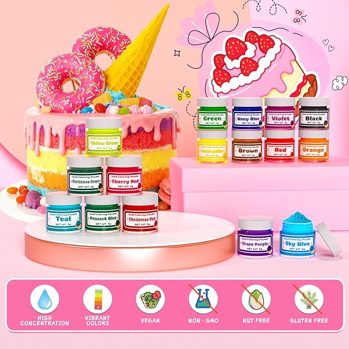 Food Coloring Powder - 16 Colors Vibrant Powdered Food Coloring, Concentrated Edible Dye Powder for Christmas Baking, Icing, Cooking, Cake Decorating, Cookies, Frosting - 5g/Bottle