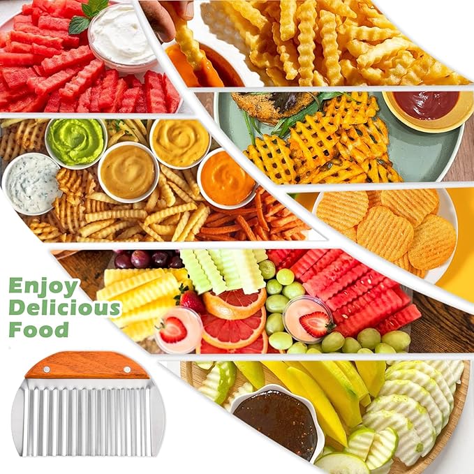 Suuker Large Crinkle Cutter for Veggies,French Fry Cutter with Wooden Handle,Potato Slicer French Fries Chopper,Potato Chip Slicer,Crinkle Cut Fries,Wavy Knife for Cucumber,Carrot,Carrot Chopper