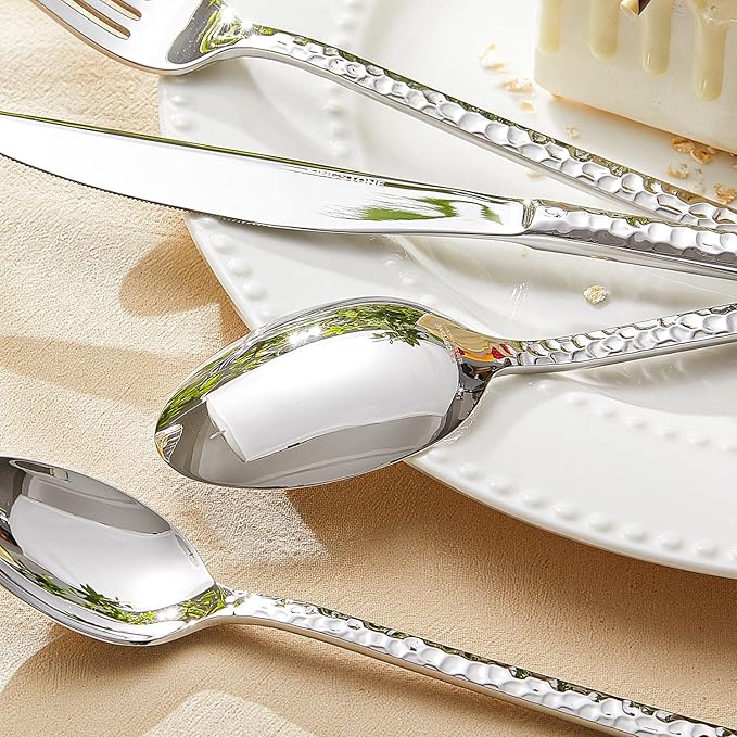 KINGSTONE 40 Piece Hammered Silverware Set, 18/10 Stainless Steel Flatware Set for 8, Cutlery Set for Home, Party, Wedding, Mirror Polished Dishwasher Safe