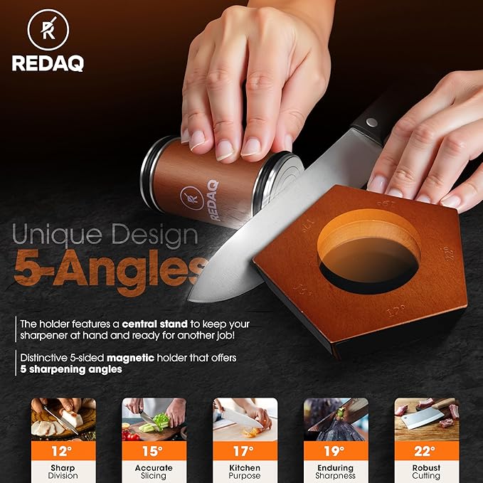 Rolling Knife Sharpener – Restore Dull Knives Quickly with 5 Magnetic Angles (12°–25°), Diamond & Corundum Discs, Safe, Stable and Easy for Home & Professional Chefs
