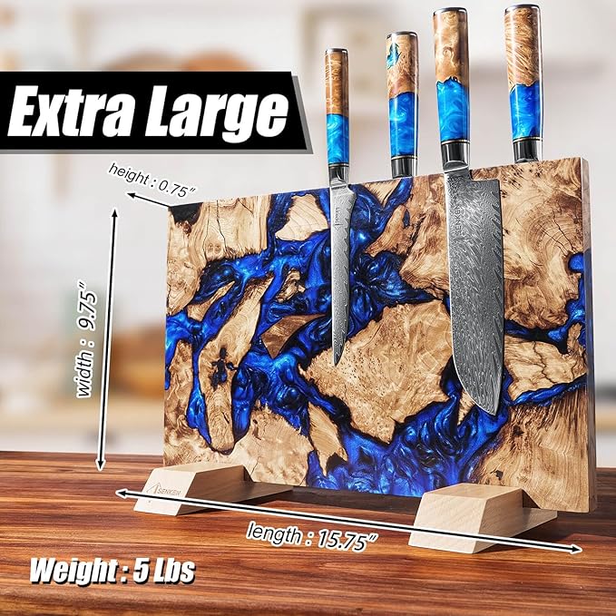 SENKEN "Dark Tsunami" Extra Large Magnetic Knife Block - Holds Up to 16 Knives - Knife Block without Knives, Beautiful Dark Blue Resin & Burl Wood Blend Knife Holder ("Dark Tsunami " Blue Resin Blend)