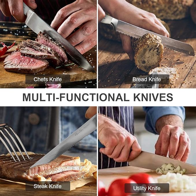 Harriet 14-Piece Knife Block Set, High-Carbon Stainless Steel Chef Knives with Triple Rivet Handles, Sharpening Steel & Multifunctional Shears | Santoku, Bread, Steak Knives & Wood Block