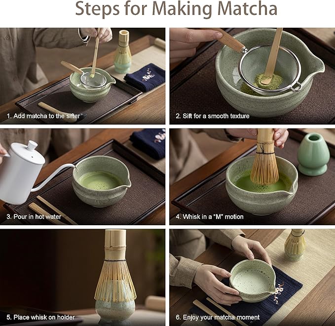Matcha Whisk Set – 8 Pcs Matcha Set with Ceramic Bowl with Spout, Bamboo Whisk, Holder, Scoop, Sifter, and Tea Towel – Complete Japanese Matcha Kit for Ceremony and Gift (Matcha Green)