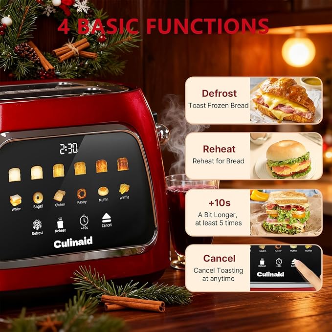 Toaster 2 Slice Smart Touch Screen, Retro 1.5'' Extra Wide Slot Stainless Steel Digital Bread Toaster with Memory Function, Bagel, Defrost, 6 Browning Levels and Removable Crumb Tray, Red