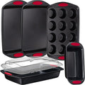 NutriChef 6-Piece Baking Pan Set - Carbon Steel Stackable Bakeware with Red Silicone Handles & Nonstick Coating, Includes Cookie Sheets, Roaster Pan with Lid, Loaf Pan, and 12 Cup Muffin Pan (Black)