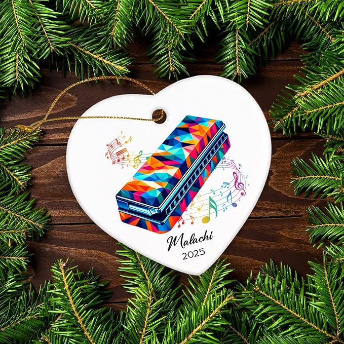 Harmonica Xmas Ceramic Ornaments 2025, Personalized Name & Year Harmonica Musical Ornament Gifts for Music Lovers, Instrumentalist Christmas Ceramic Ornaments Tree, Custom Musician Keepsake Ornament