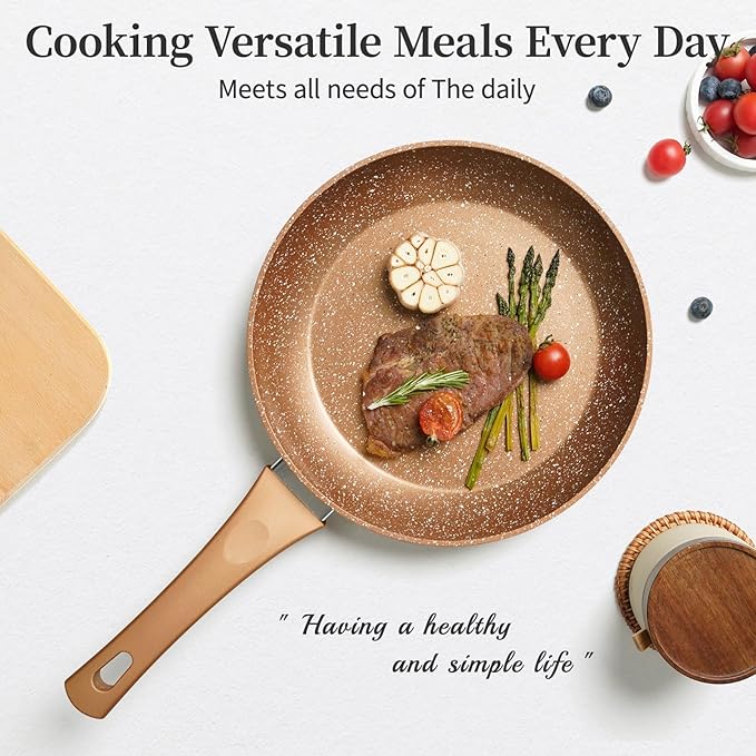 Innwewell Non Stick Frying Pan - Granite Stone Non Stick Skillet, Safe&No Toxic Pans for Cooking, Large Nonstick Cookware Chef's Pan, Induction Compatible, PFOA Free(11inch, Gold)